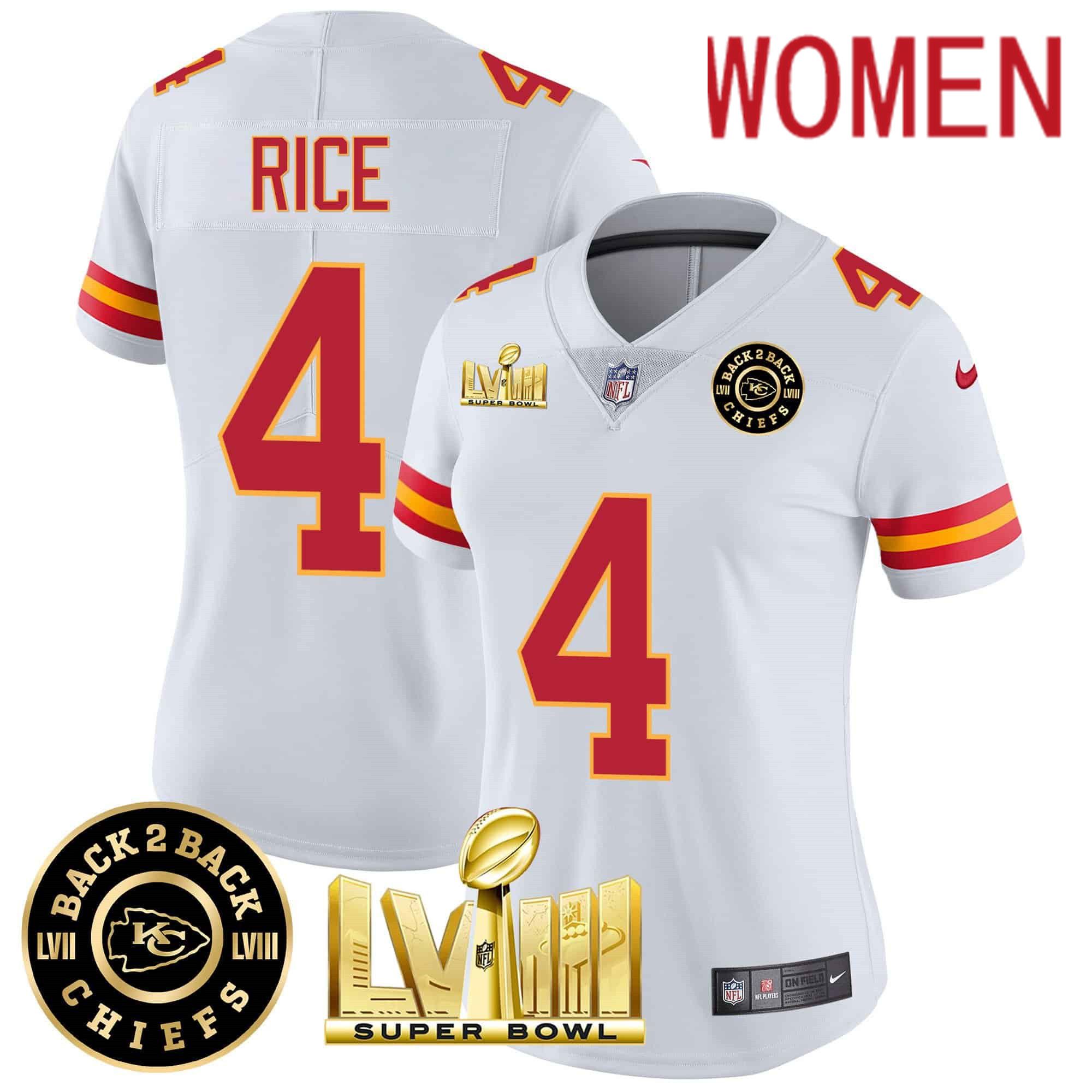 Women Kansas City Chiefs #4 Rice White 2024 Nike Super Bowl LVIII & Back-2-Back Patch Vapor NFL Jersey